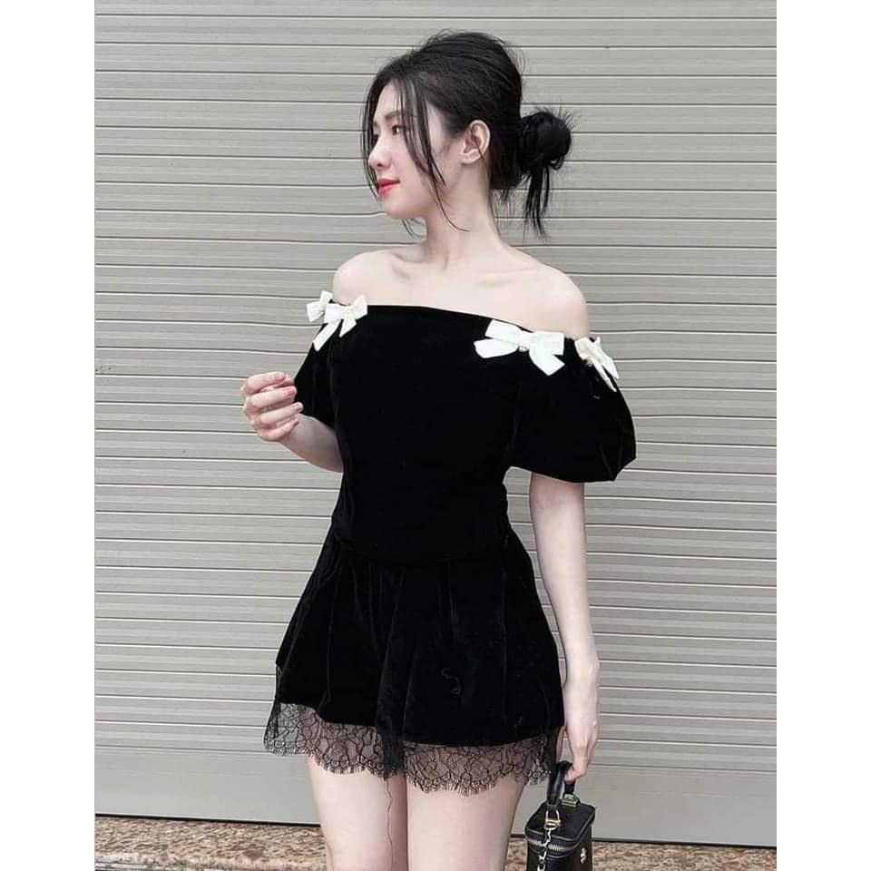 Set Bộ Đồ Nhung Áo Trễ Vai Phối Nơ Sang Chảnh Kèm Quần Ngắn HOT HIT