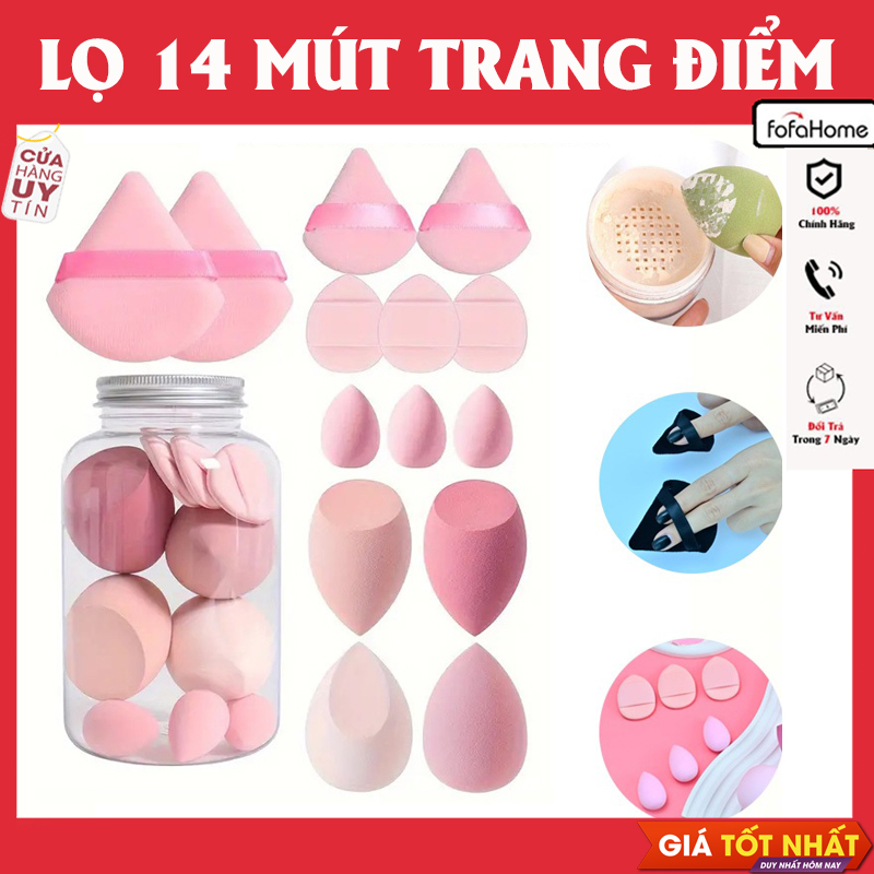 Lọ 14 Mút Trang Điểm Kem Nền, Má Hồng, ... - Hộp 14 Mút Trang Điểm Chuyên Nghiệp