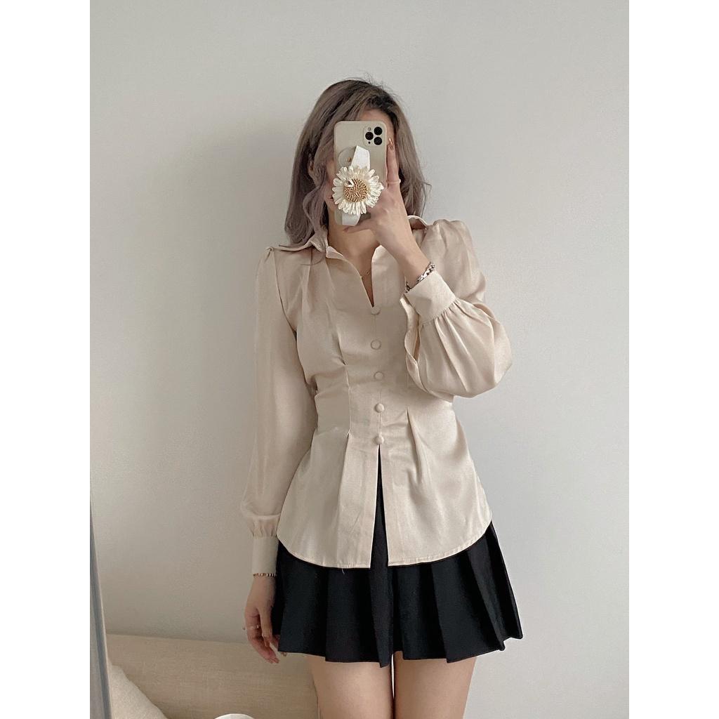 Áo sơ mi cúc bọc thắt nơ lưng cực xinh, áo kiểu