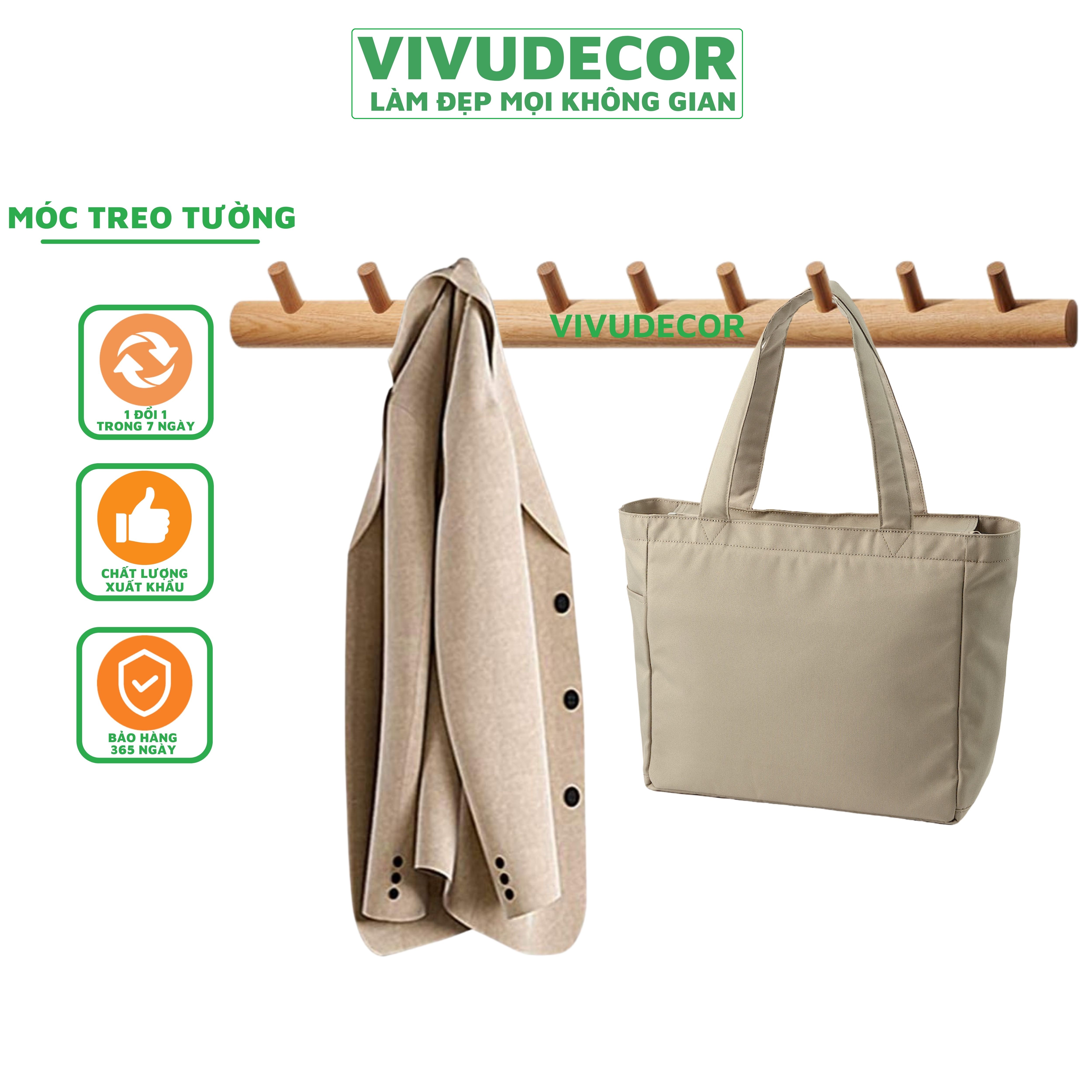 Móc Treo Quần Áo Vivudecor 100% Gỗ Tự Nhiên - Móc Treo Tường Trong Nhà Tắm, Nhà Bếp, Cánh Cửa, Móc Treo Đồ Tiện Ích Sang Trọng