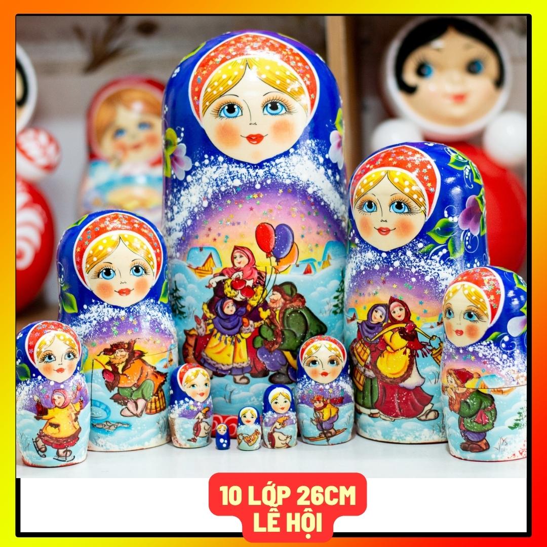 BỘ BÚP BÊ NGA MATRYOSHKA 10 LỚP SIZE 26CM "LỄ HỘI DÂN GIAN MÙA ĐÔNG" MÀU NÂU