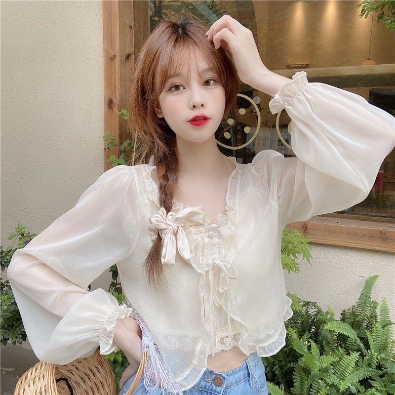 Áo Khoác Nhẹ Ngoài Váy Cadigan Nữ Màu Xanh Be Trắng Hồng Chất Chiffon Dài Tay Phong Cách Tiểu Thư Hàn Quốc