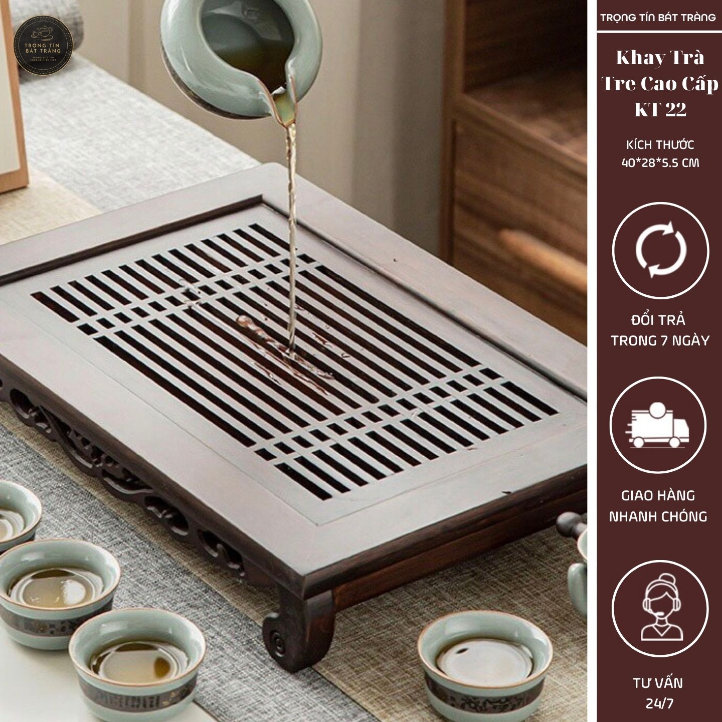 KT 22 Khay Trà Tre Cao Cấp Chữ Nhật Kích Thước Kích Thước 40*28*5.5