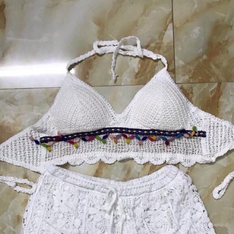 Bộ bơi bikini ren đi biển 3 món (áo bra-choàng tay loe-quần sóc) -Có bán lẻ