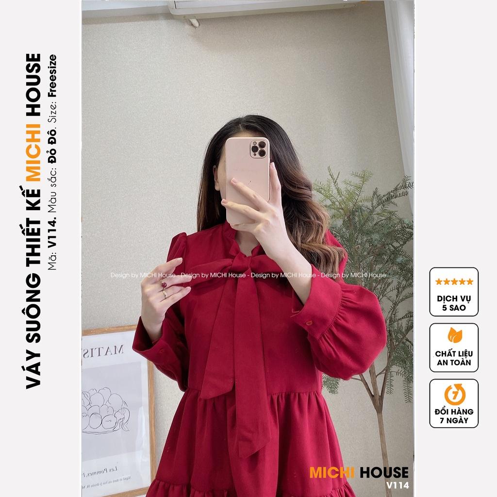 Váy Suông Babydoll Dáng Dài Xuông Rộng MICHI House V114 Đầm Nhung Xuông Thiết Kế Dài Tay Cổ Nơ Xinh
