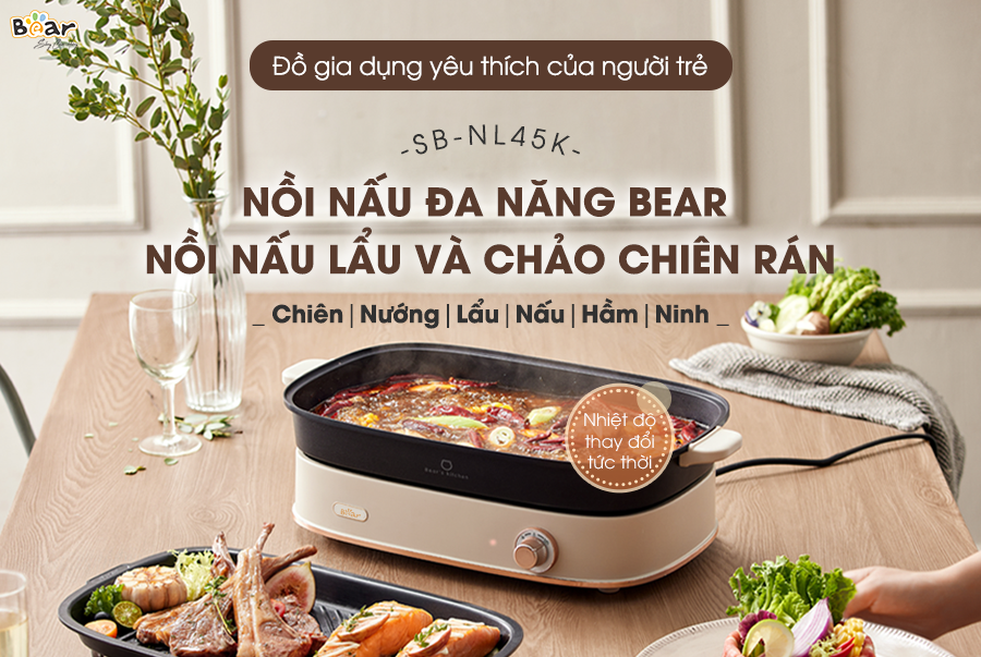 Nồi Lẩu Đa Năng Bear 4,5L 6 Chức Năng Nấu Tiết Kiệm Điện Chống Dính Cao Cấp Chiên Nướng Lẩu Nấu Hầm Ninh SB-NL45K HÀNG CHÍNH HÃNG