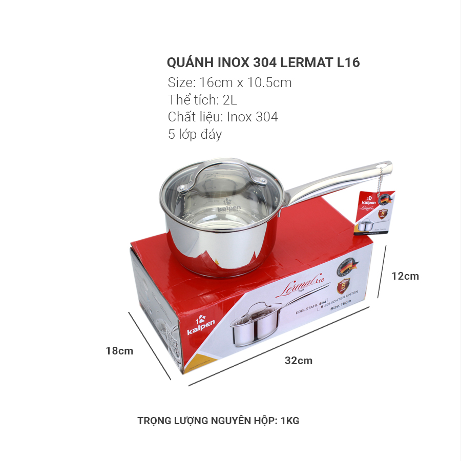 Quánh Inox 304 đáy 5 lớp Kalpen Lermat size 16cm chuẩn Đức - Hàng chính hãng