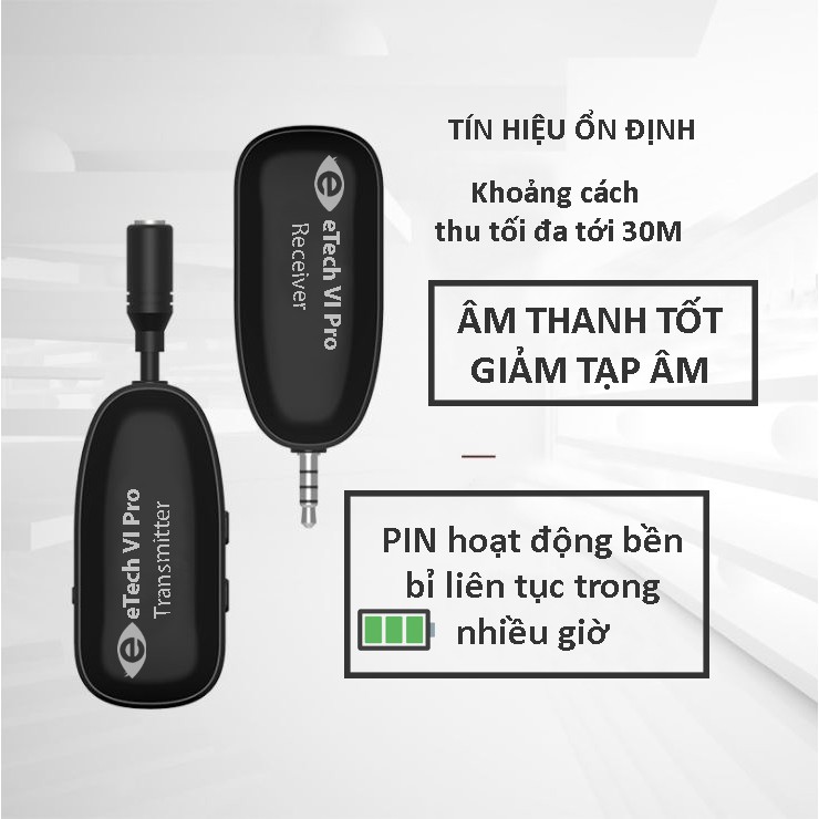 Micro cài áo không dây cho điện thoại TNVI - eTech VI Pro, mic live stream , quay video, ghi âm, Vlog Tương thích smartphone, máy ảnh, máy quay, PC, laptop kèm  Giá đỡ  điện thoại để bàn đa năng tiện dụng xoay 270 độ - Hàng chính hãng