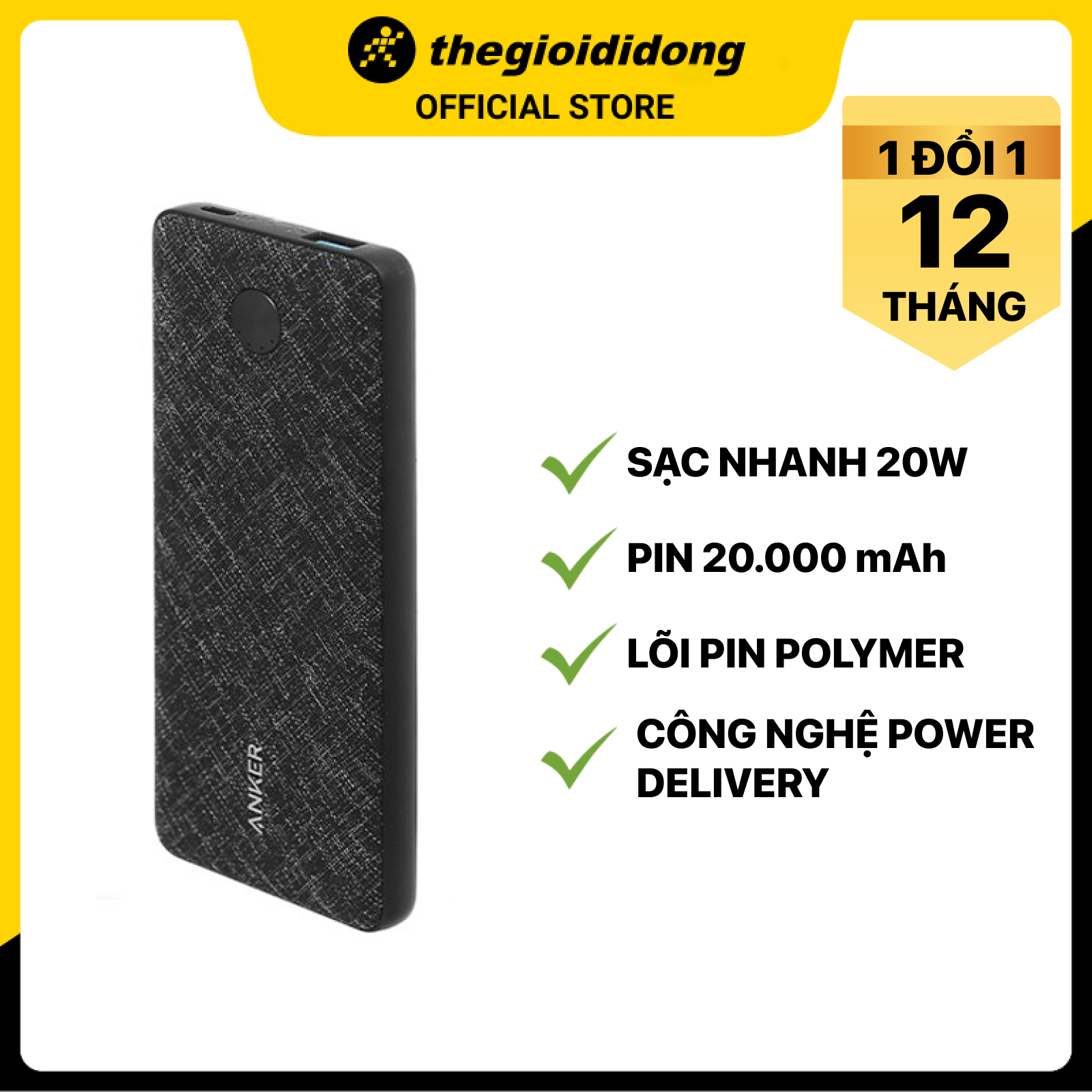 Pin sạc dự phòng Polymer 20000mAh Type C PD 20W PowerCore Essential Anker A1287 - Hàng chính hãng