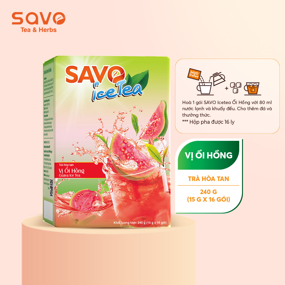 Trà Ổi hồng hòa tan SAVO IceTea (Guava Ice Tea) - Hộp 16 gói x 15g