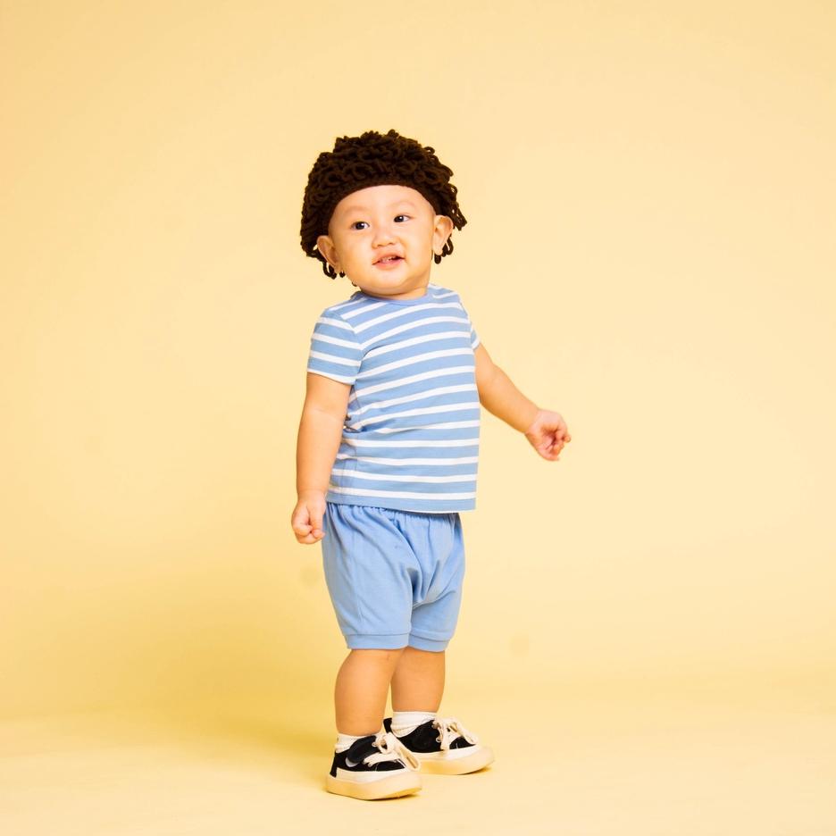 Bộ cộc tay quần đùi bé trai 0 - 5 tuổi vải cotton hữu cơ in họa tiết sọc xanh TSTSBA1-1691/1695 - OETEO Bosom Buddy