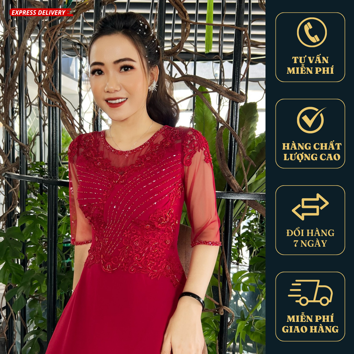 Đầm Dạ Hội Trung Niên Dự Tiệc Sang Trọng Đỏ Đô Charmaine Dress