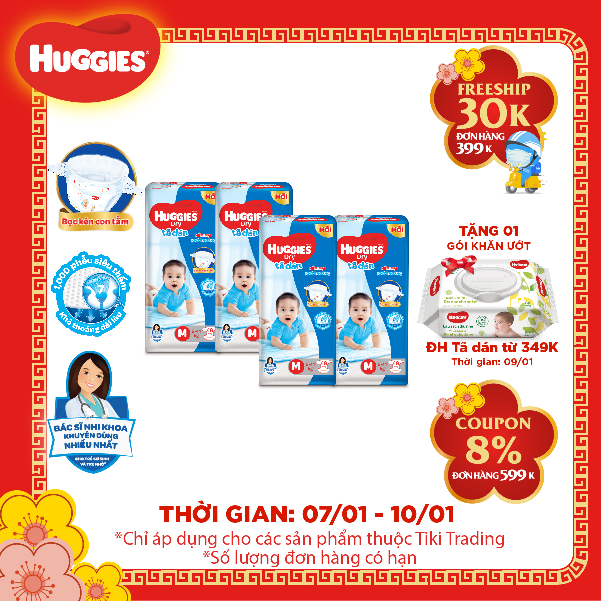 Combo 4 Gói Tã Dán Huggies Dry Gói Đại M48 (48 Miếng)