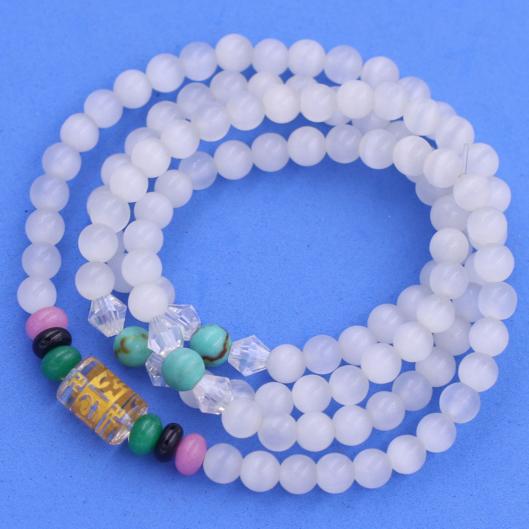 Bộ Vòng Chuỗi, Tràng Hạt 108 Hạt 6 Ly Đá Mắt Mèo Trắng Charm Lục Tự Chân Ngôn - Tràng Chuỗi Niệm Phật - An Yên - Thịnh Vượng - May Mắn - Tài Lộc