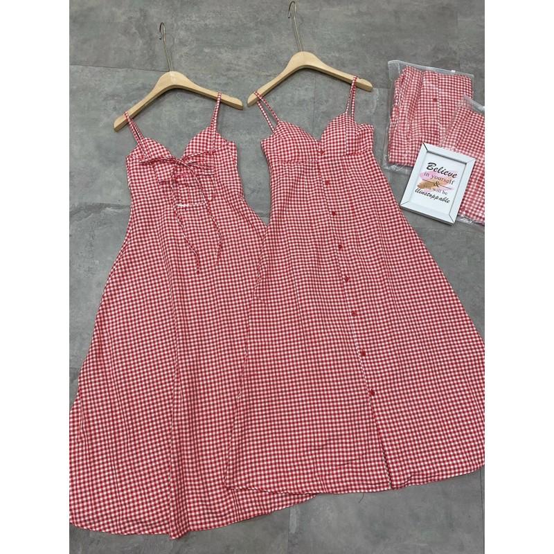 Váy Maxi 2 Dây Kẻ Đỏ Dáng Dài Có Ảnh Thật Kèm Video