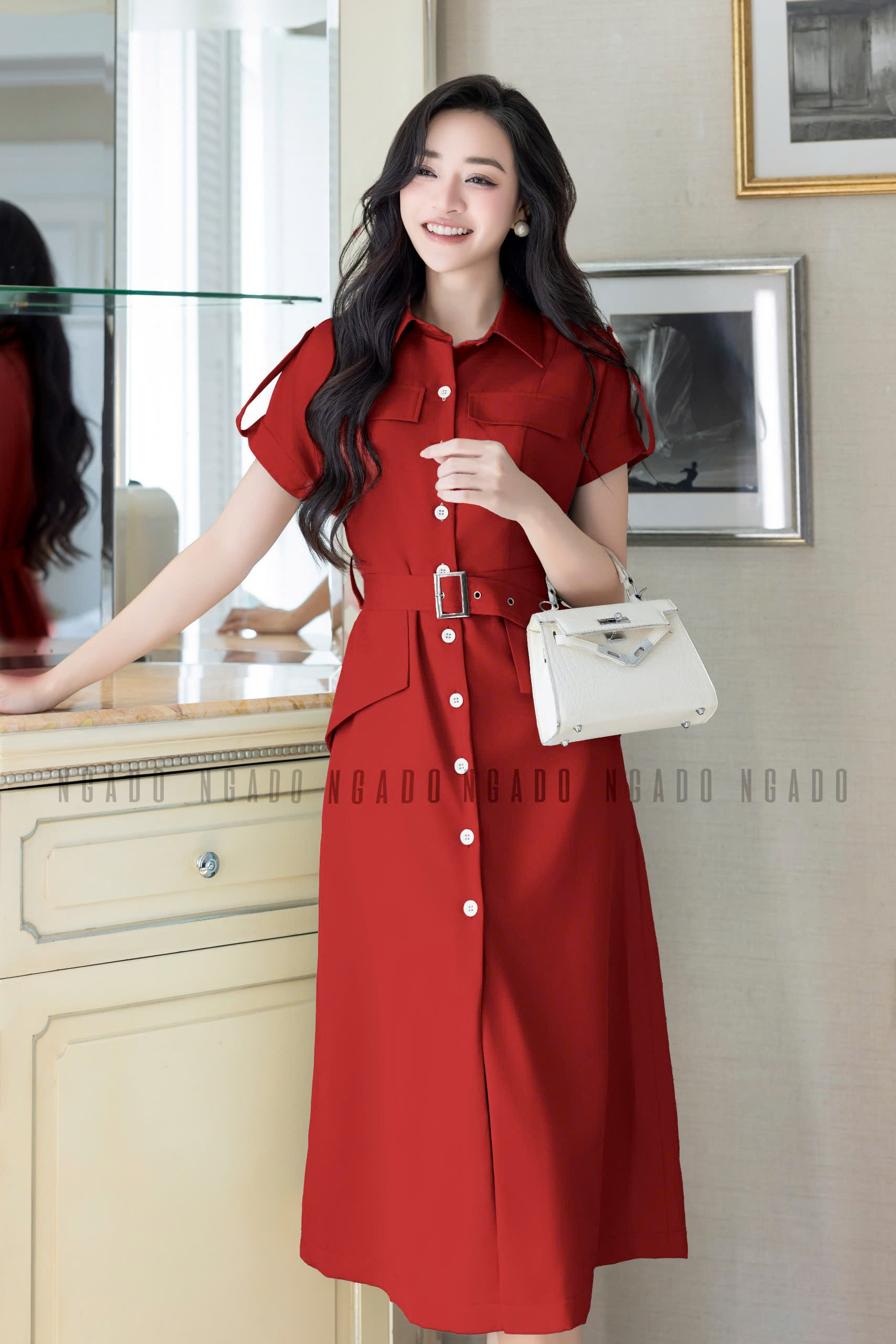 Đầm sơ mi đỏ NGADO , đầm kiểu Nữ , đầm dự tiệc , sang trọng
