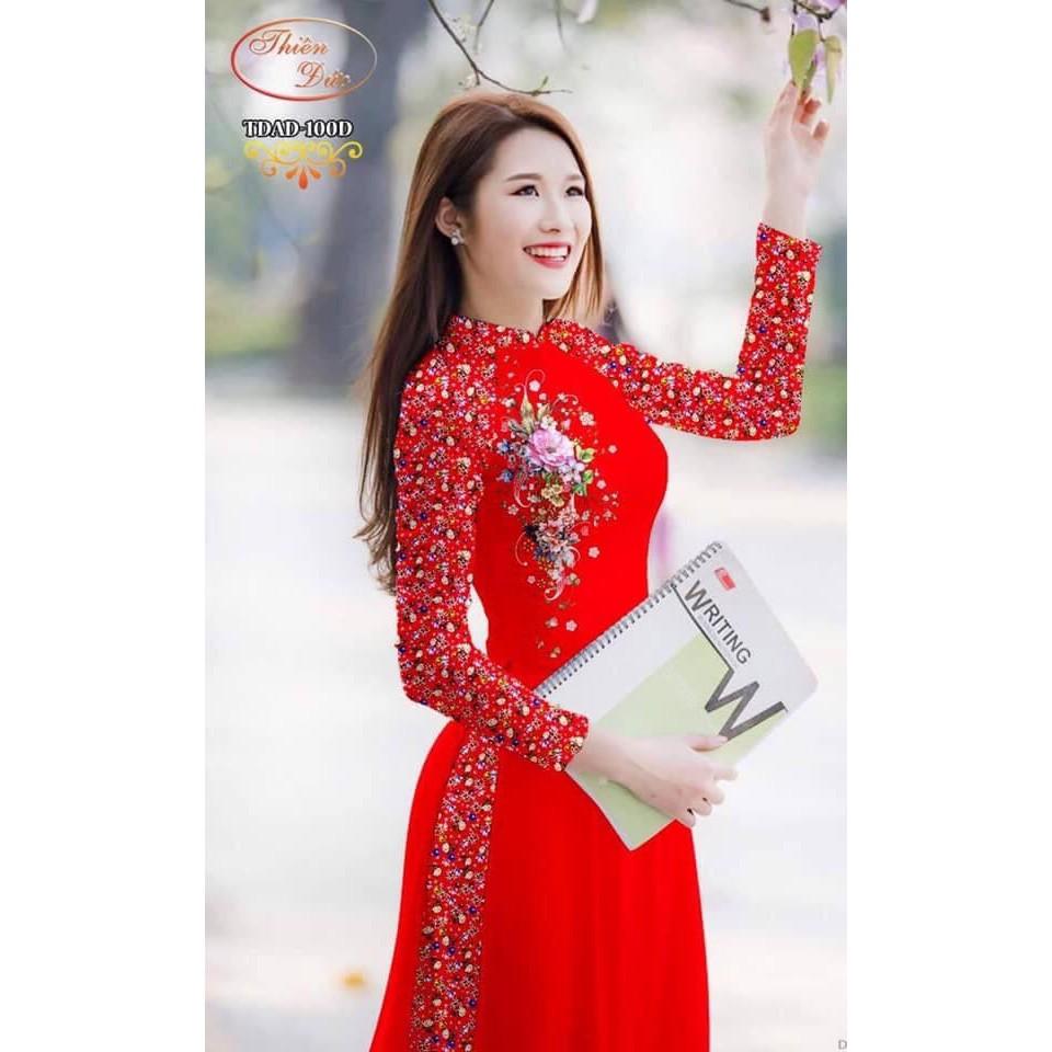 Bộ áo dài truyền thống hoa nhí đỏ họa tiết hoa tay HT05 (Cổ 2 cm tay dài)