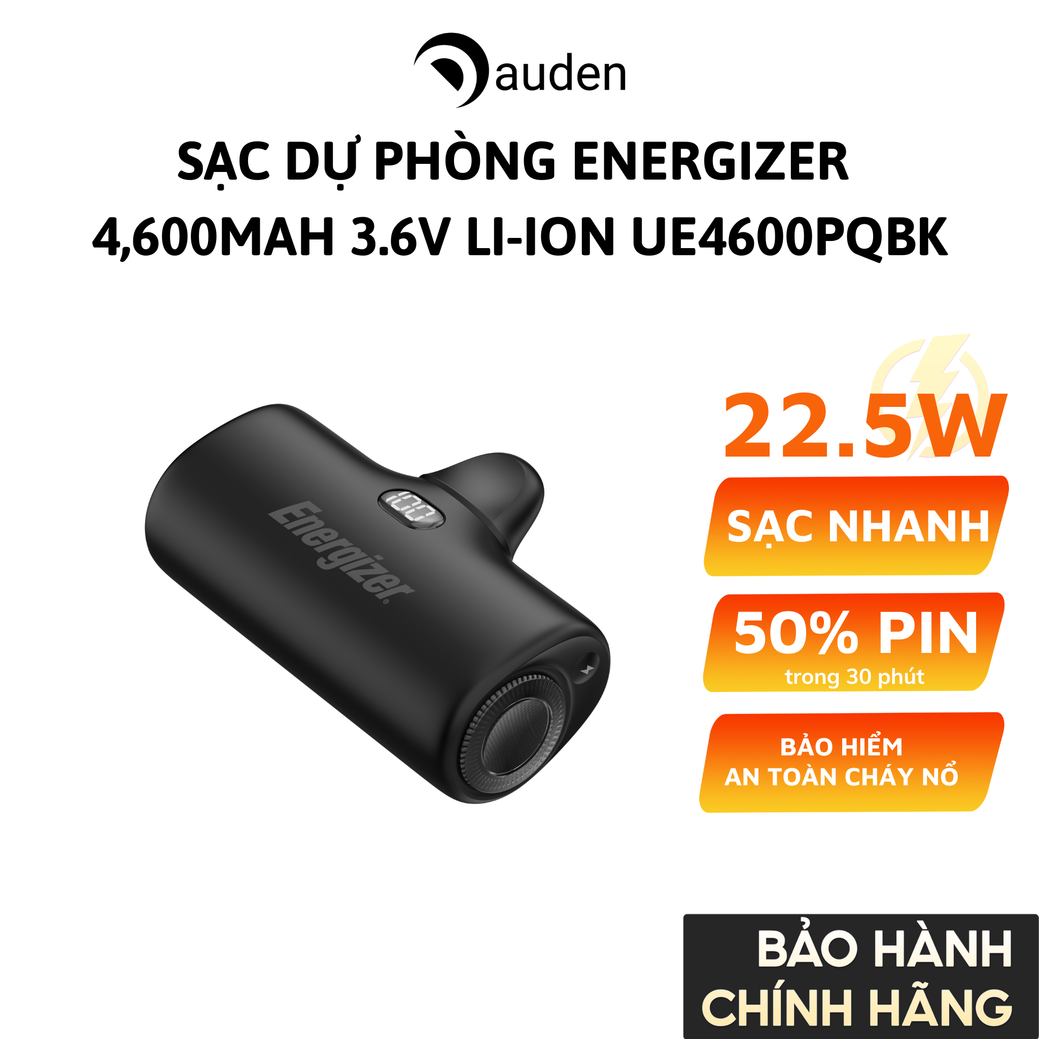 Sạc dự phòng Energizer 4,600mAh 3.6V Li-ion UE4600PQBK,Sạc nhanh PD 22.5W, bảo hành 24 tháng 1 đổi 1 - Hàng chính hãng