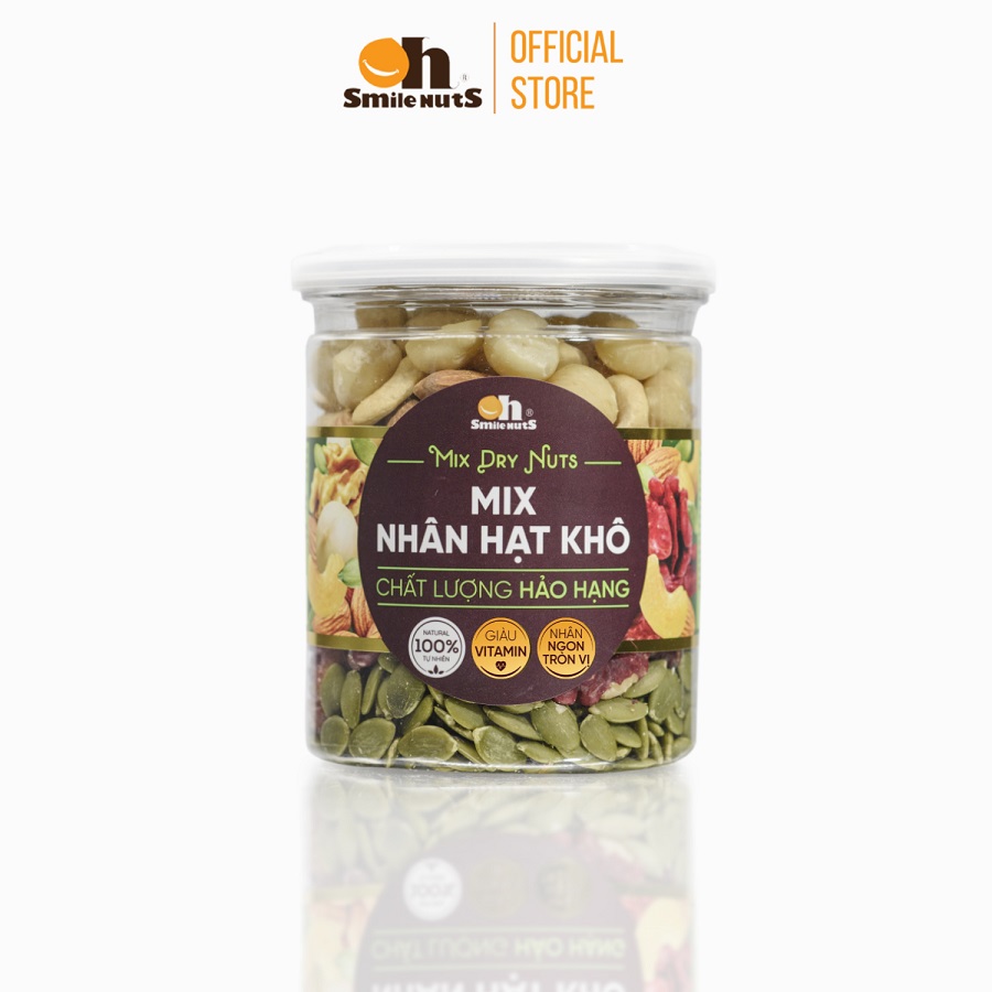 Mix Nhân Các Loại Hạt Dinh dưỡng Smilenuts hộp 255g/500g _ Gồm Nhân Óc Chó Đỏ Mỹ, Nhân Óc Chó vàng Chile, Hạnh Nhân tách vỏ Mỹ, Nhân hạt Macca Úc, Nhân hạt điều Bình Phước, Nhân Hạt Bí Xanh_ Thực phẩm dinh dưỡng