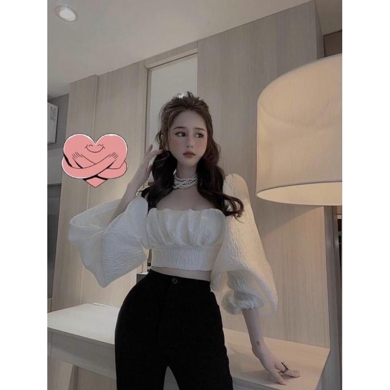 Áo croptop kiểu nữ cổ vuông tay phồng thắt nơ lưng tiểu thư , áo xốp tay phồng thắt nơ lưng HIJUNE AK07