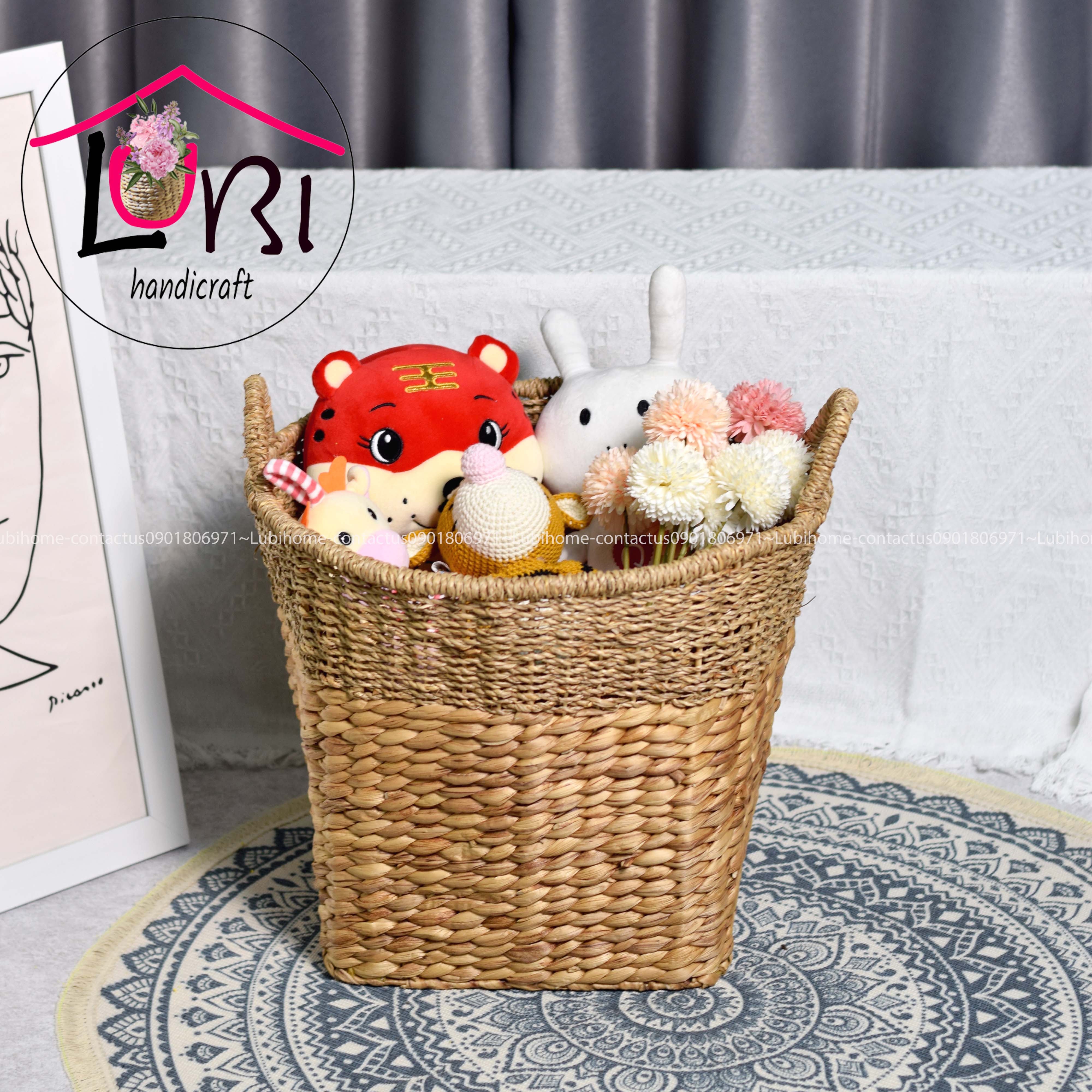Lubihandicraft - Sọt đựng đồ lục bình kêt hợp cói miệng tròn đáy vuông - xinh xắn