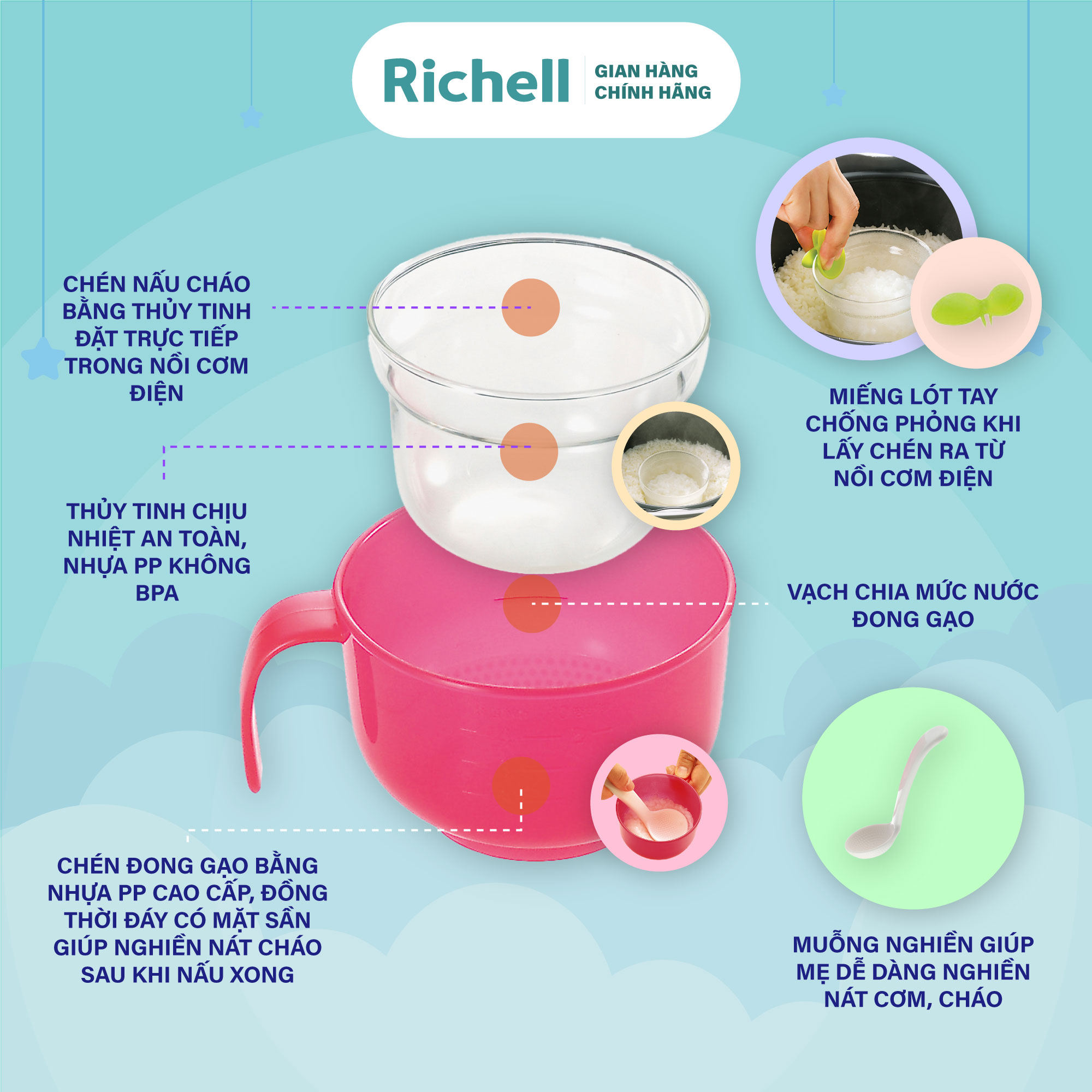 Bộ nấu cháo trong nồi cơm điện Richell Nhật Bản | Baby