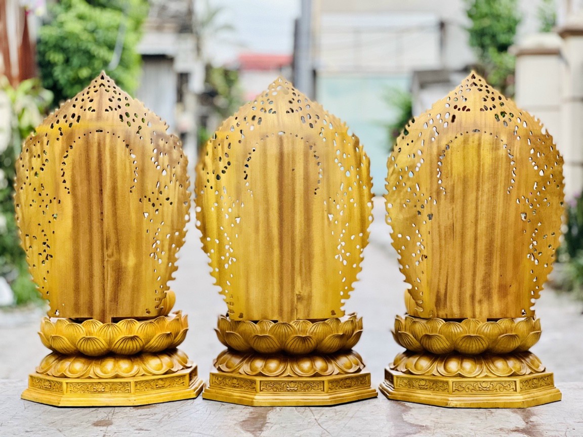 Bộ Tượng phật tây phương tam thánh bằng gỗ gõ vàng kt 90×48×48cm