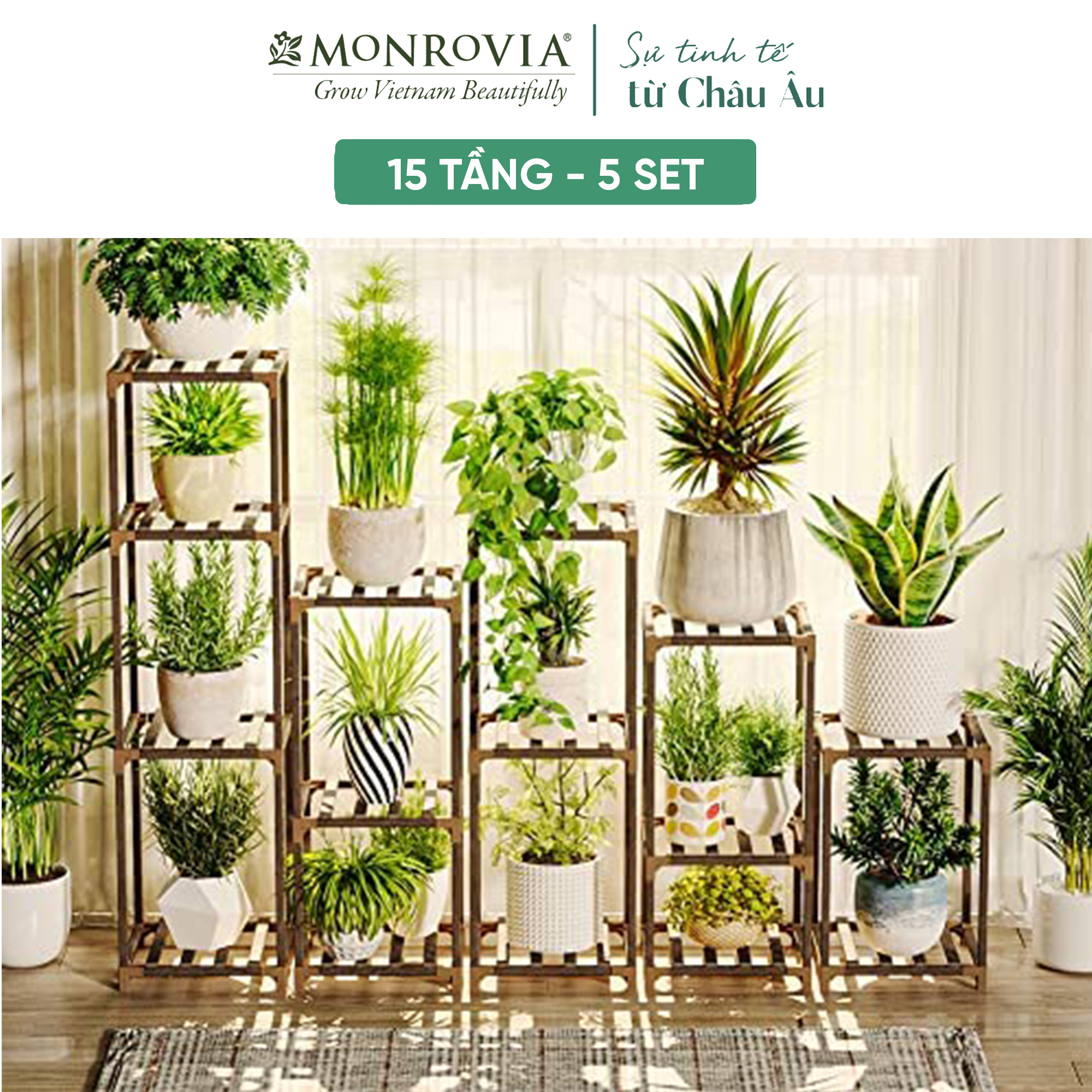 Kệ gỗ decor Monrovia để cây trang trí trong nhà, ban công siêu bền bỉ, tiêu chuẩn Châu Âu