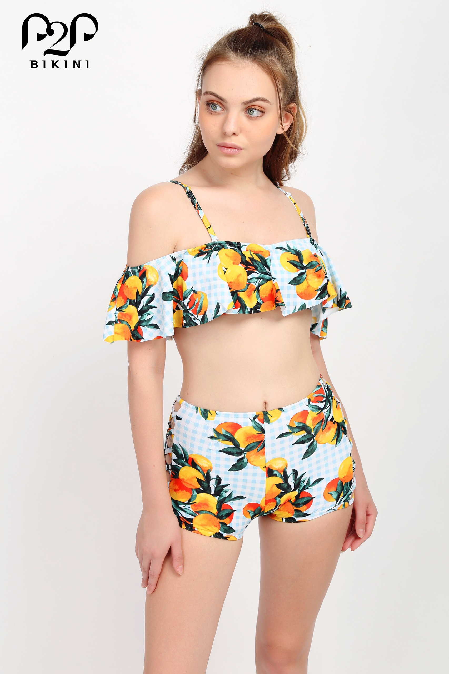 P2P BIKINI - Đồ bơi hai mảnh áo croptop bèo trễ vai, quần short họa tiết trái cam - BTK340HT_LC1