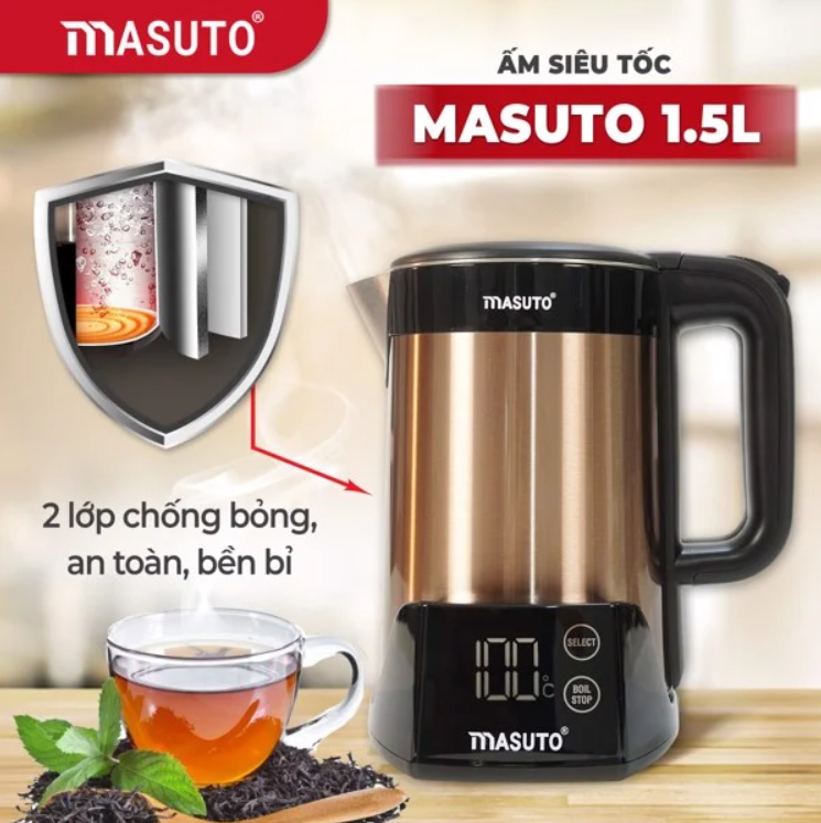 Ấm Siêu Tốc Thông Minh 3 in 1 MASUTO GS-EK15 Công Nghệ Nhật Bản, Có Cài Đặt Nhiệt Độ Dung Tích 1.7 Lít Công Suất 1500 W - Hàng Chính Hãng