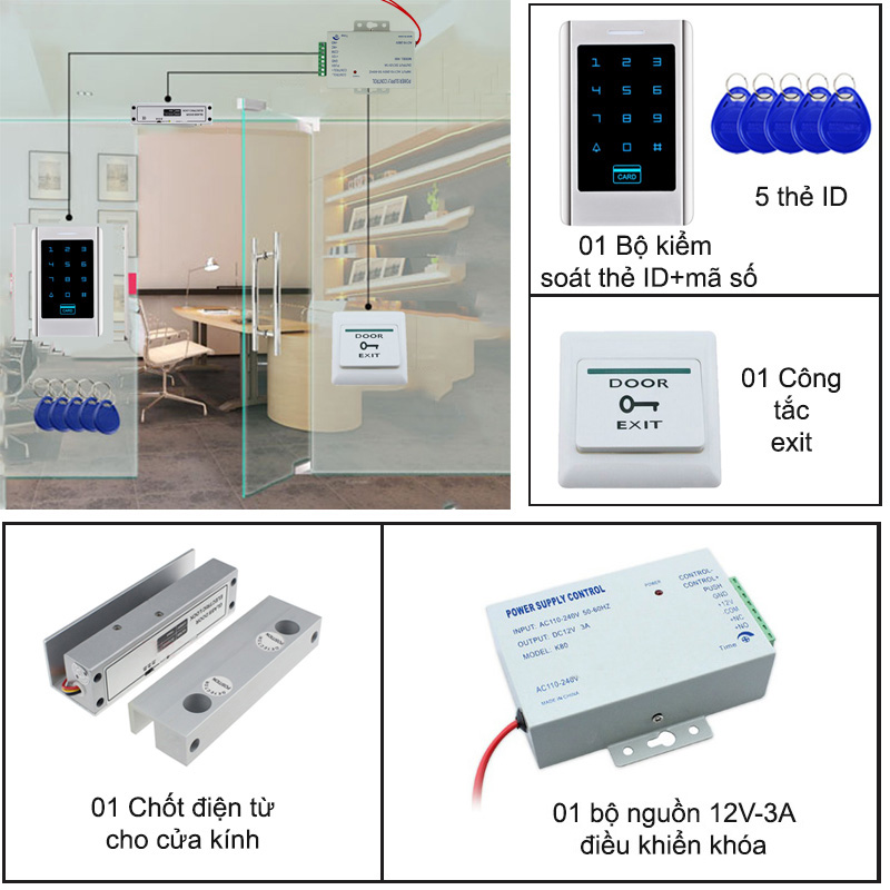 Khóa chốt cửa kính kèm bộ kiểm soát bằng thẻ ID+mã số+ nguồn điều khiển 12V-3A BCCK.ID06