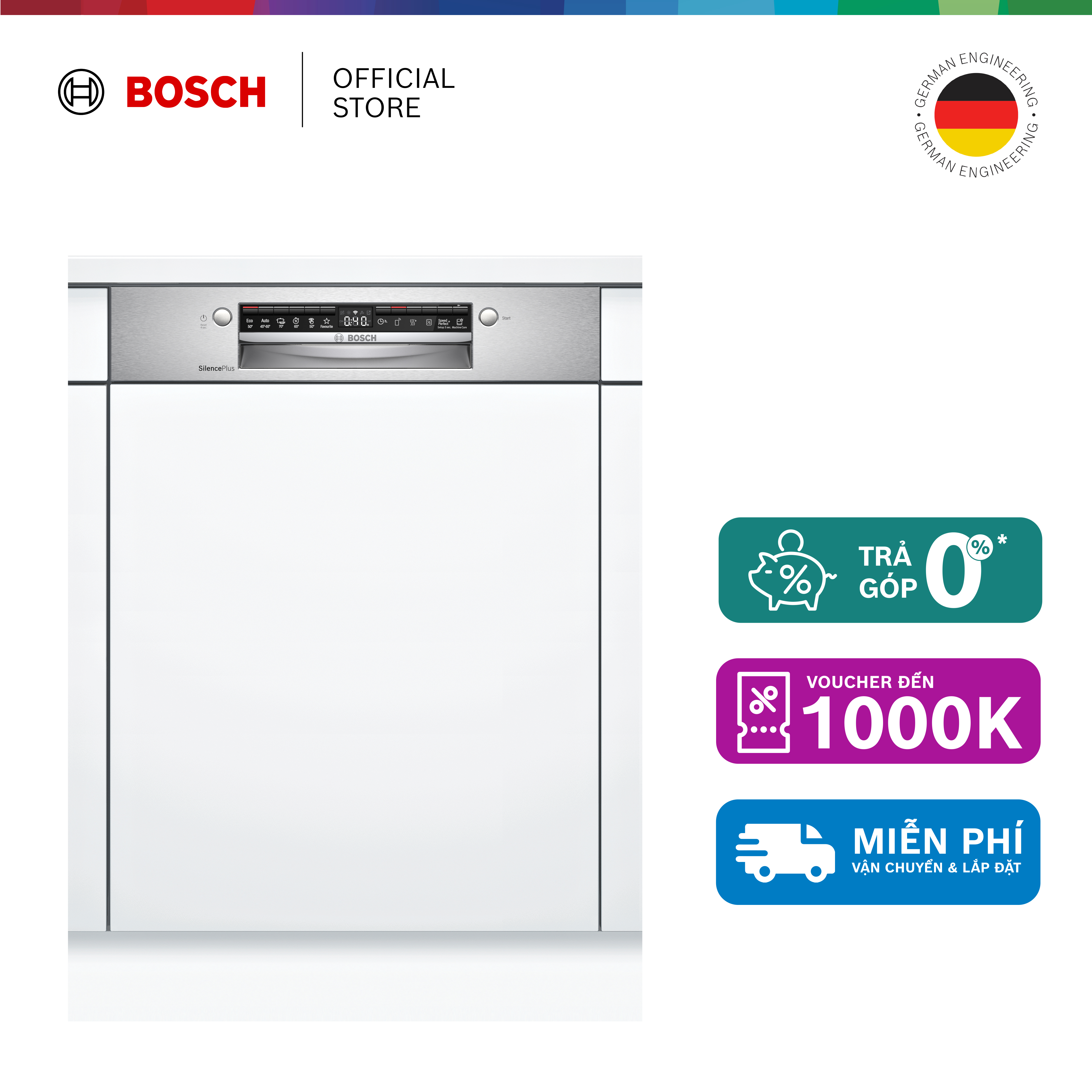 Máy Rửa Chén Bát Bán Âm 13 Bộ Bosch SMI4HAS48E - Series 4 (60cm) - Hàng chính hãng