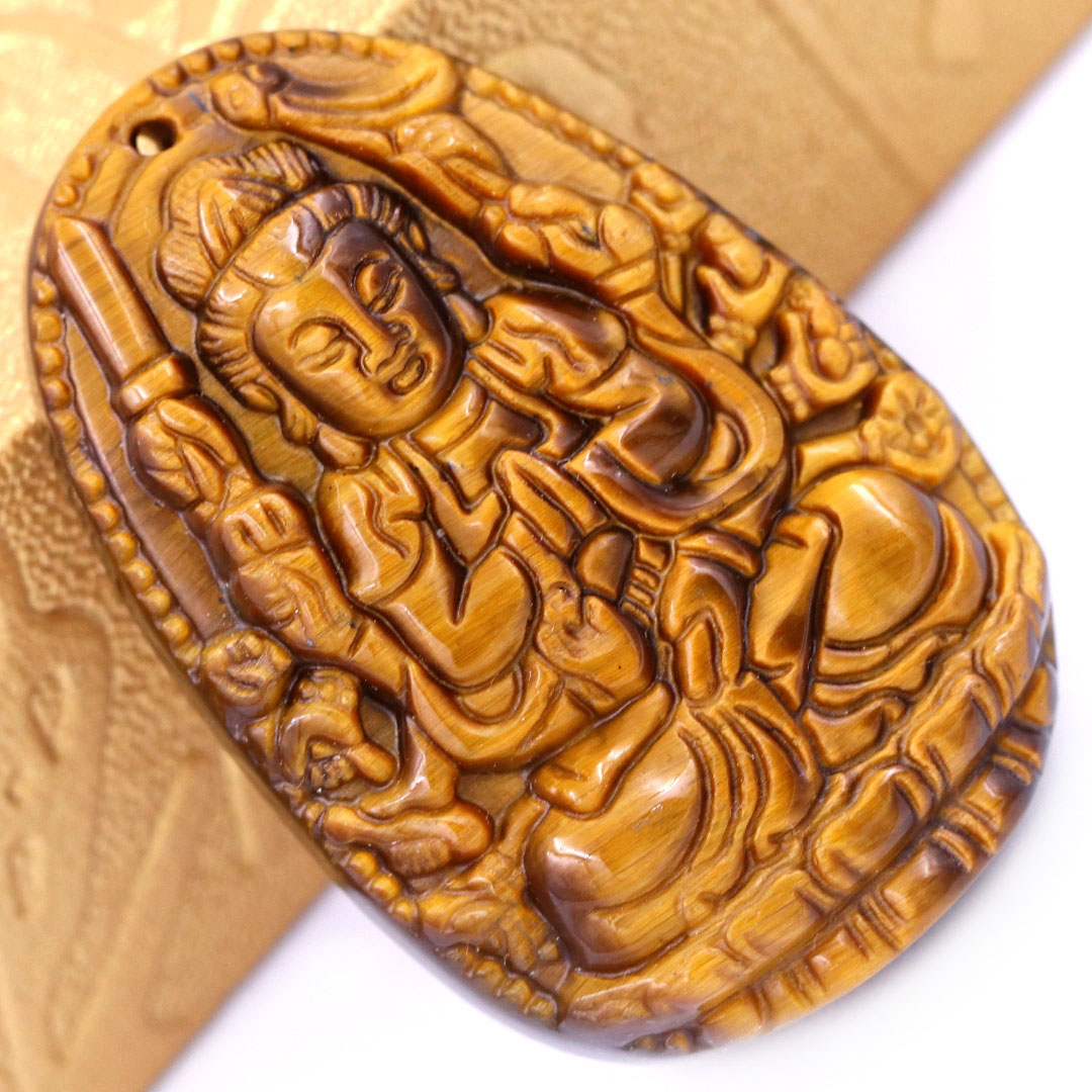 Mặt Phật Thiên thủ thiên nhãn đá mắt hổ 3.6 cm kèm móc và vòng cổ dây cao su nâu, Mặt Phật bản mệnh, Quan âm nghìn tay nghìn mắt