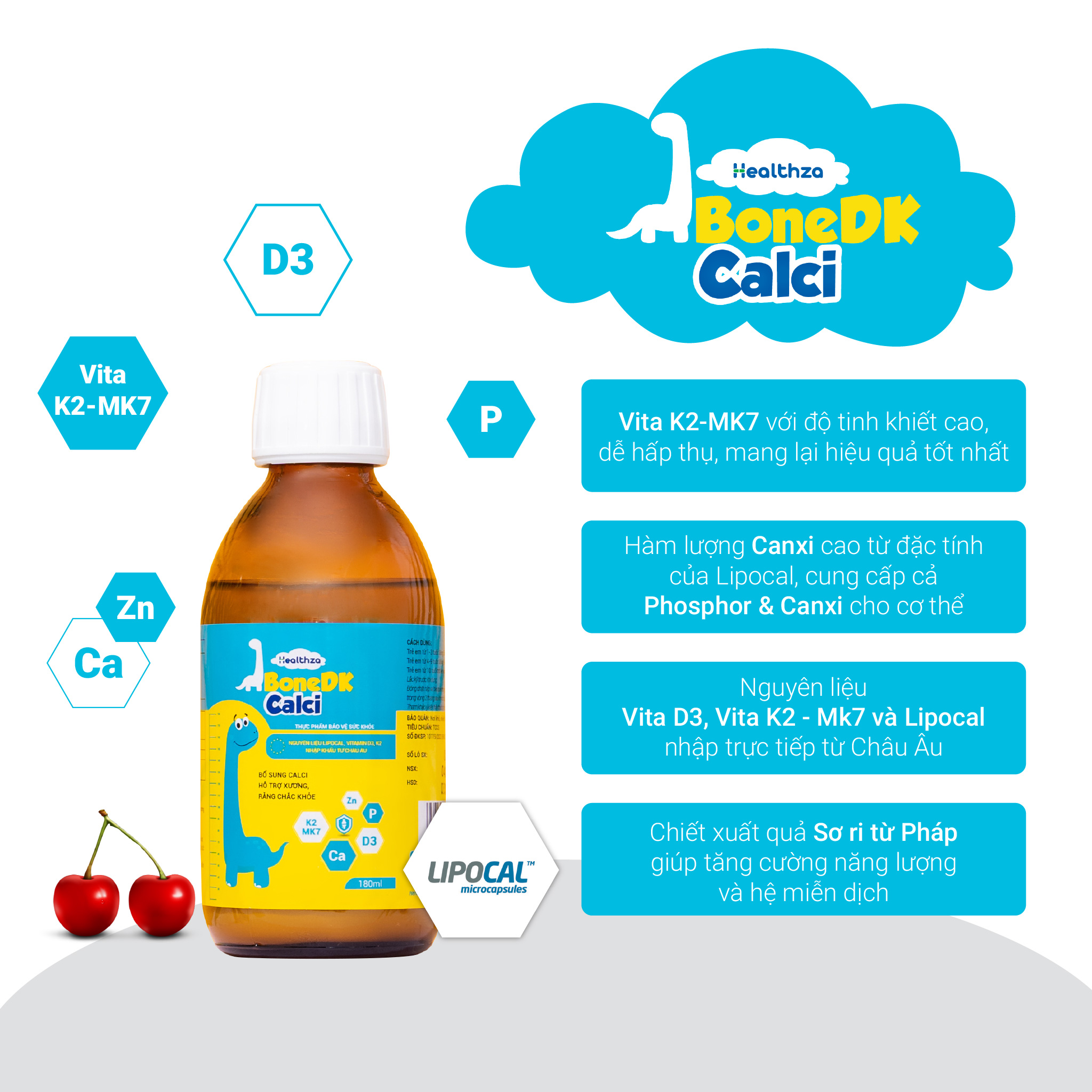 Healthza BoneDK Calci bổ sung Calci, Vitamin D3, K2 cho bé hộp 1 lọ/180ml