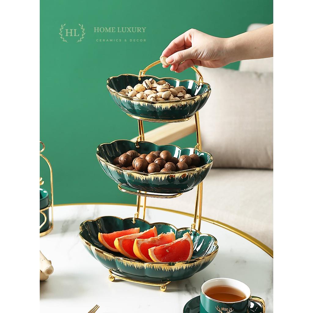 Kệ 2 Tầng, 3 Tầng Sứ Xanh Home Decor phong cách Bắc Âu khung kim loại | ĐĨA 2 3 TẦNG SỨ TRẮNG XANH KÈM KỆ INOX CAO CẤP