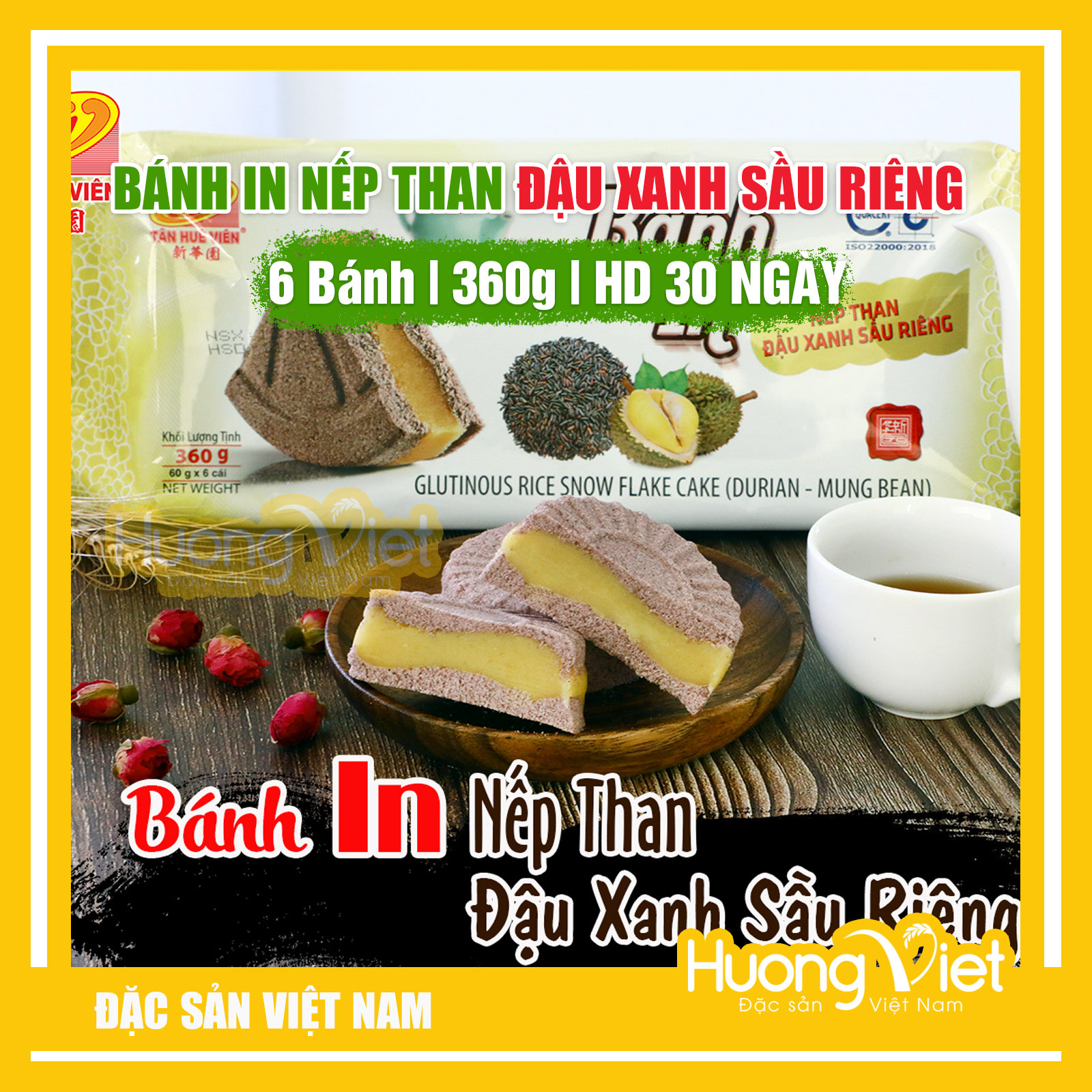 Đặc Sản Sóc Trăng - Bánh In Nếp Than Đậu Xanh Sầu Riêng 360G, Bánh In Sóc Trăng Tân Huê Viên