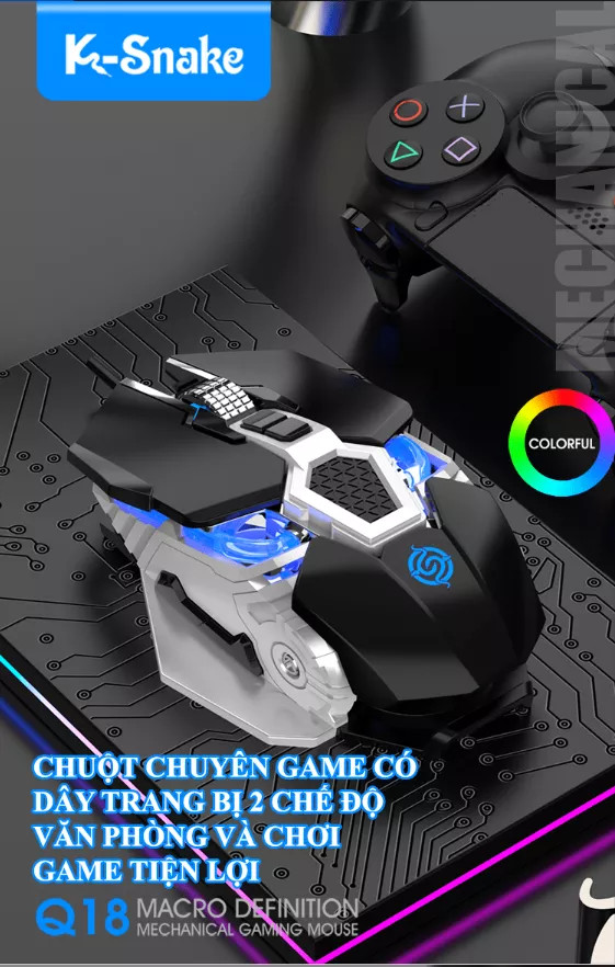 Chuột chuyên game có dây K-Snake Q18 có 2 chế độ chơi game ghìm tâm và làm việc văn phòng với tốc độ chuột 6400DPI kèm theo đèn led cực đẹp-NTH