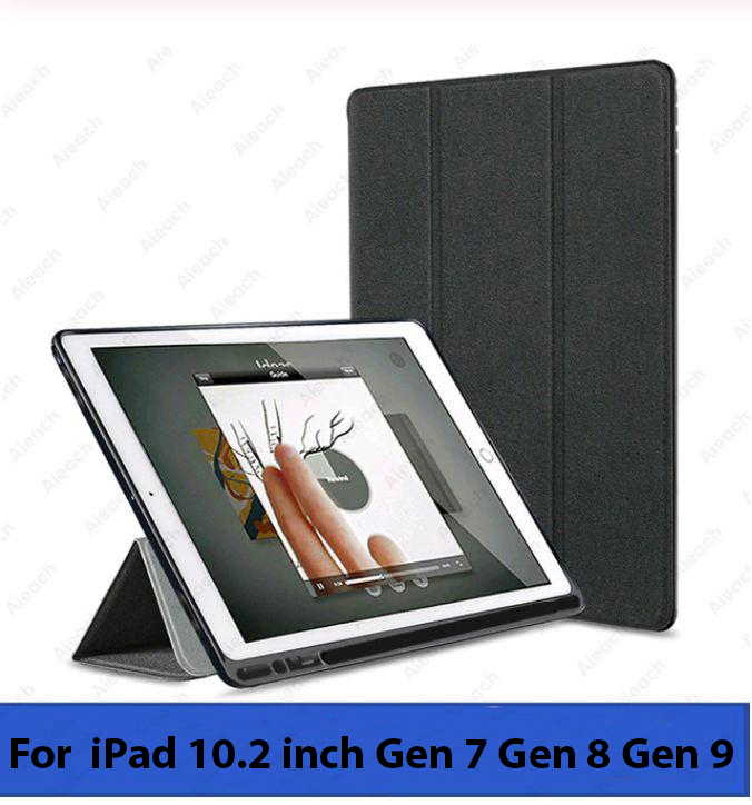 Bao da bọc vải dành cho iPad Gen 7 Gen 8 Gen 9  lưng dẻo nắp gập có khay bút cảm ứng