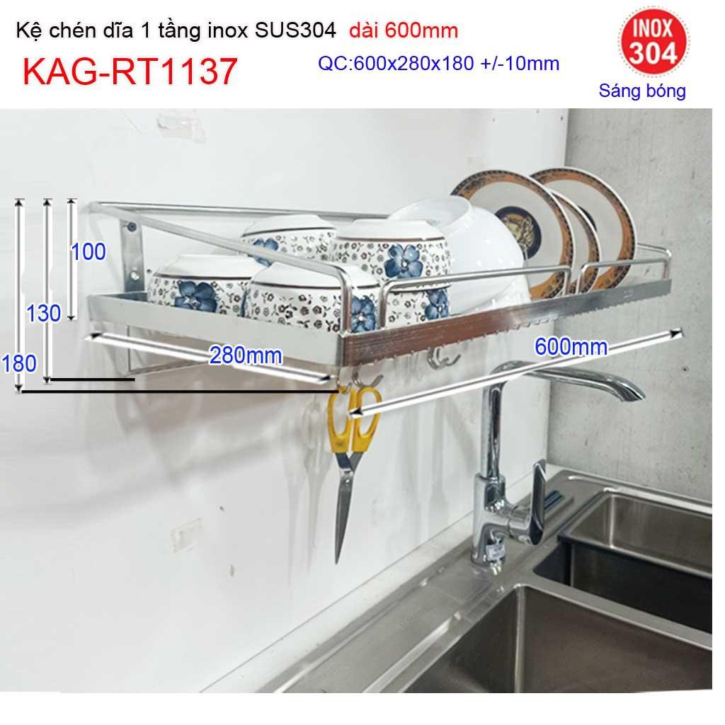 Kệ đựng chén bát inox SUS304, kệ úp chén dĩa 1 tầng dài 60cm inox KAG-RT1137