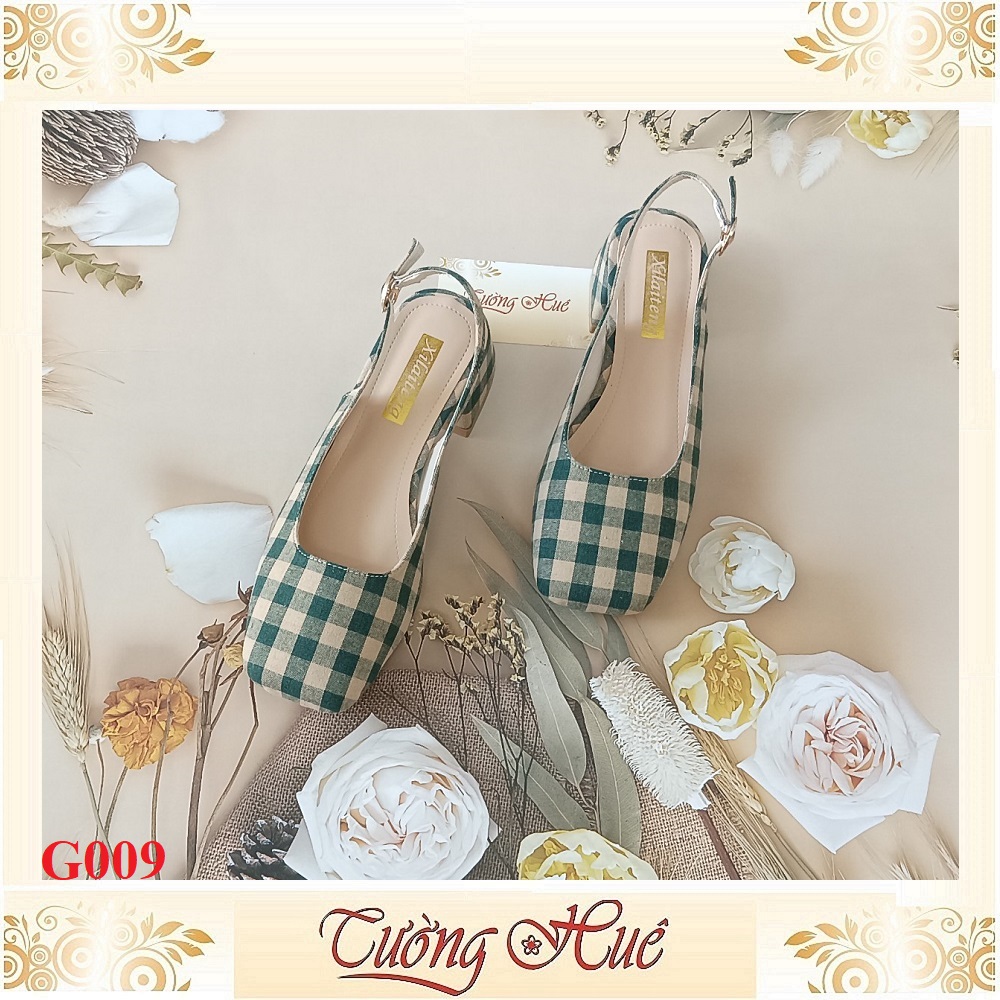 Giày Cao Gót Mũi Vuông Họa Tiết Caro Gót Vuông Cao 4CM - Hàng Quảng Châu