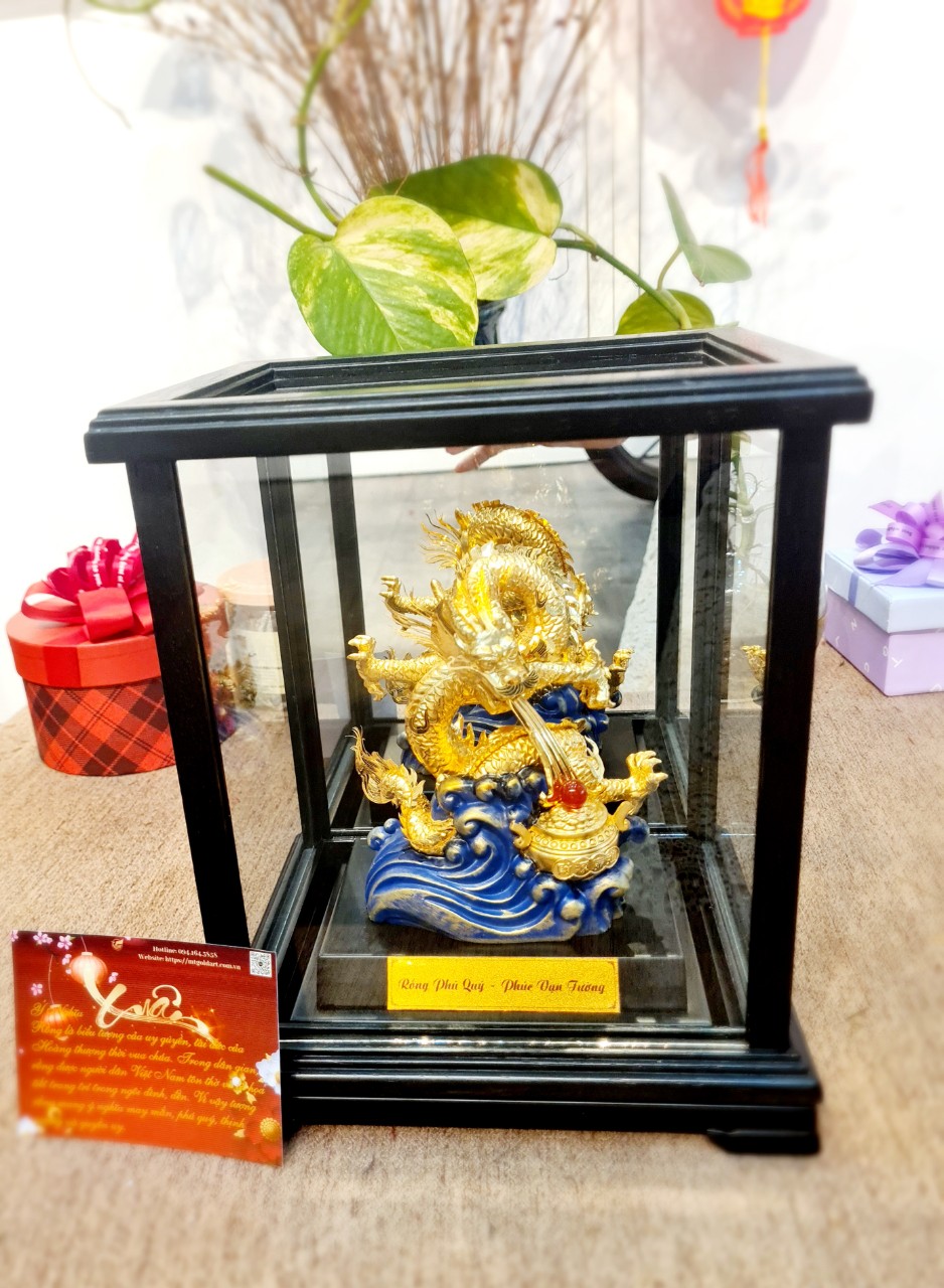 Tượng Rồng phong thủy nhả ngọc dát vàng MT Gold Art M02 (17x20x24cm)- Hàng chính hãng, quà tặng dành cho sếp, khách hàng, đối tác
