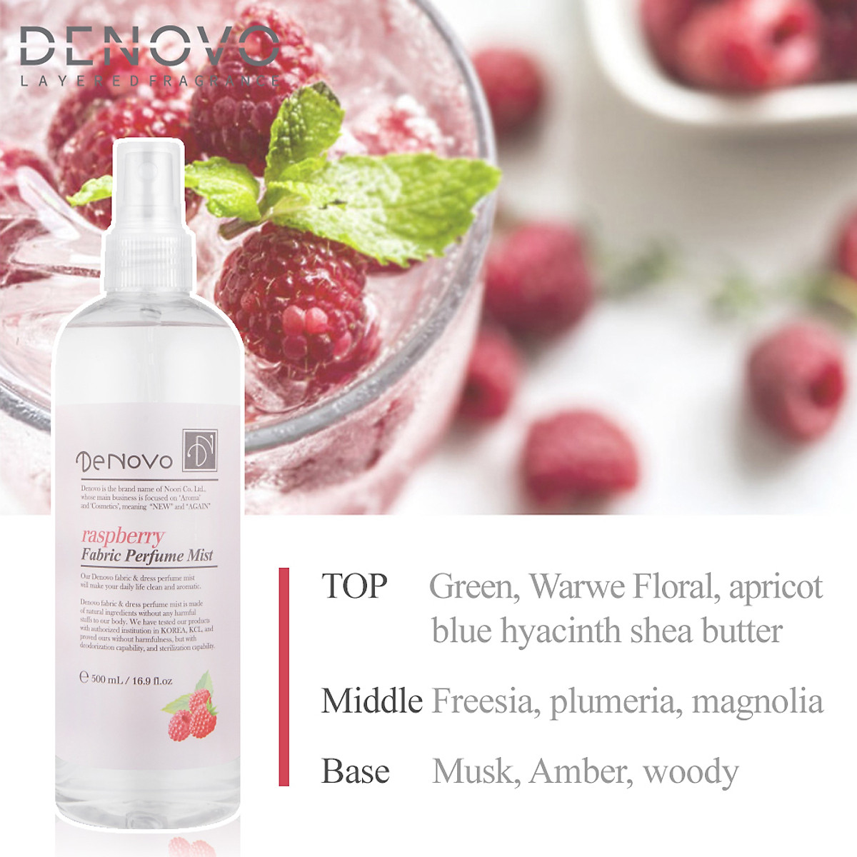 Nước xịt thơm hương nước hoa DENOVO Hàn Quốc hương Raspberry - Xịt khử mùi quần áo, mùi phòng, mùi cơ thể chính hãng