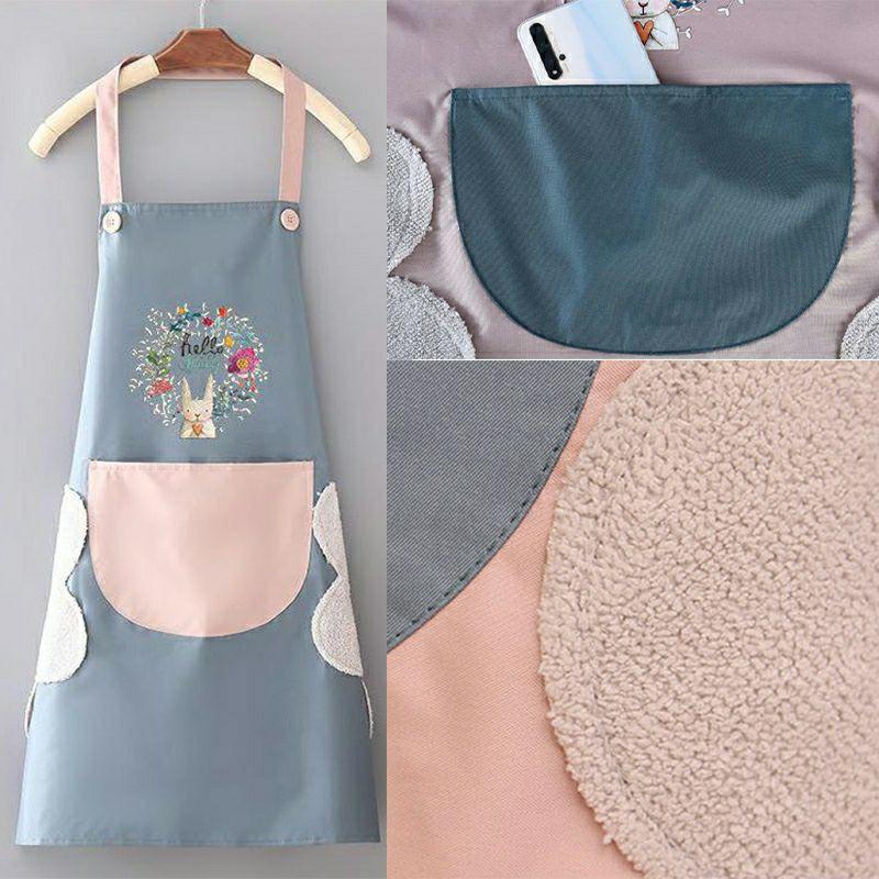Tạp Dề Hoa Thỏ, Có Chỗ Lau Tay, Để ĐT Tiện Dụng, Chất Liệu Chống Thấm, Thời Trang Mới