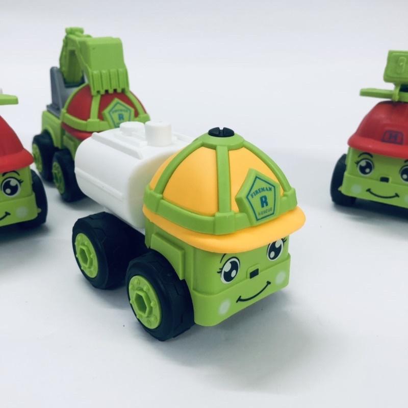 Ô tô đồ chơi lăp ráp công trình mặt cười dễ thương cho bé, combo 4 xe và tua vít lắp ráp