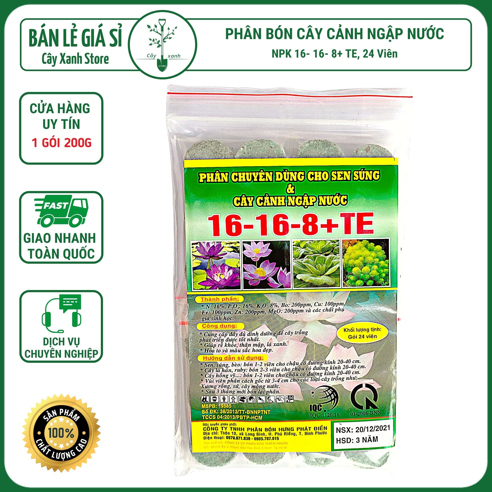 Phân Bón Hoa Sen Và Cây Ngập Nước NPK 16-16-8+TE Gói 24 Viên