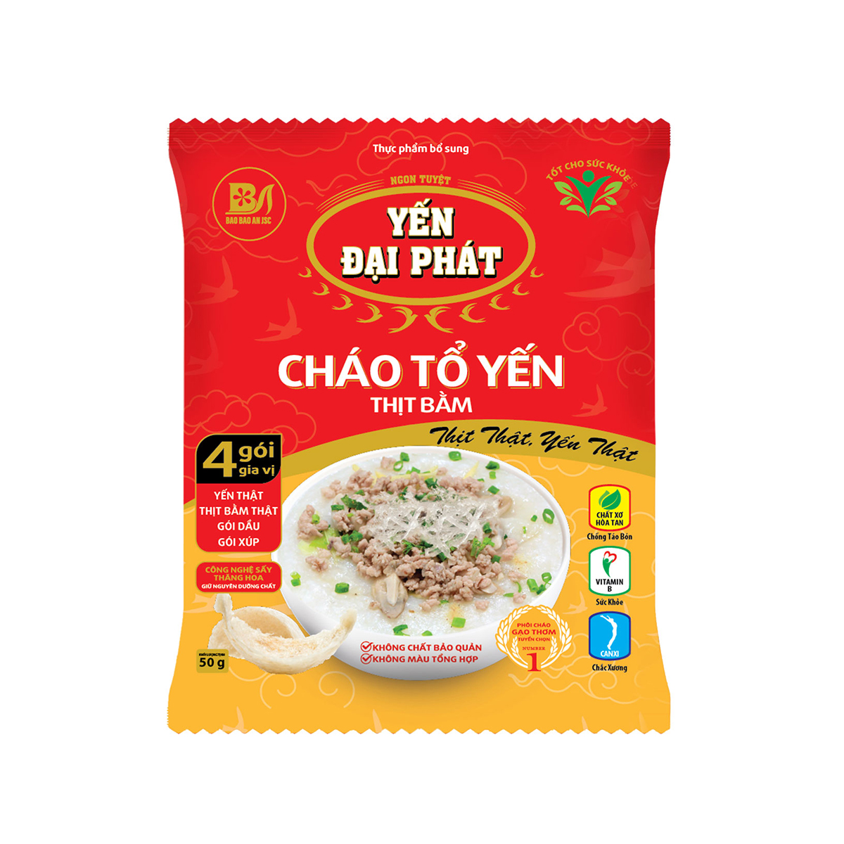 [Thùng 30 gói x 50gram] Cháo Tổ Yến Thịt Bằm - Yến Đại Phát, Yến thật, thịt thật, 4 gói gia vị, ăn liền, tiện lợi