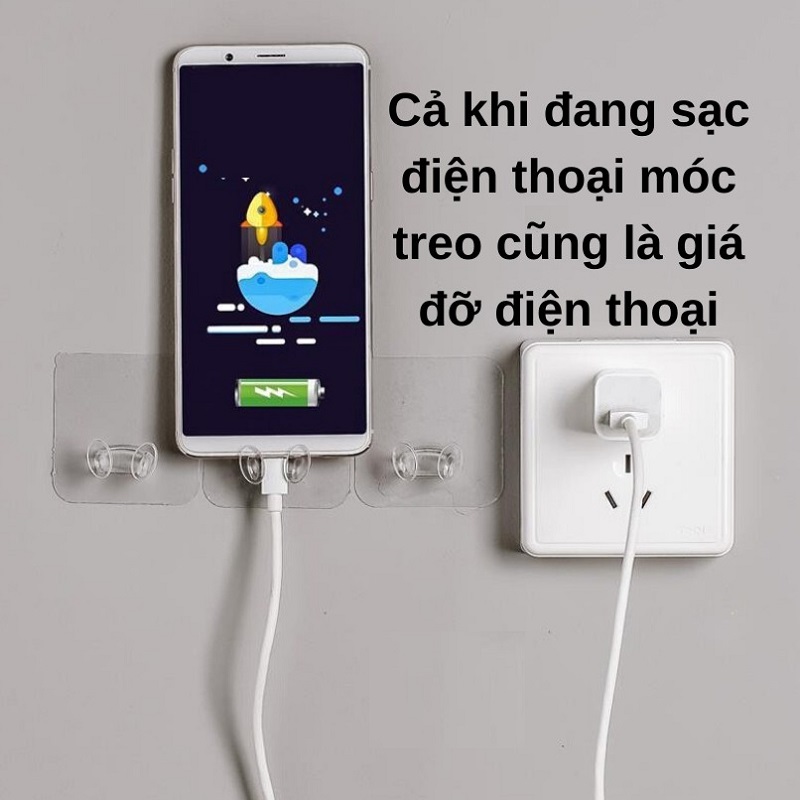 Bộ 10 móc dán tường kẹp giữ dây điện, phích cắm, treo đồ trong suốt