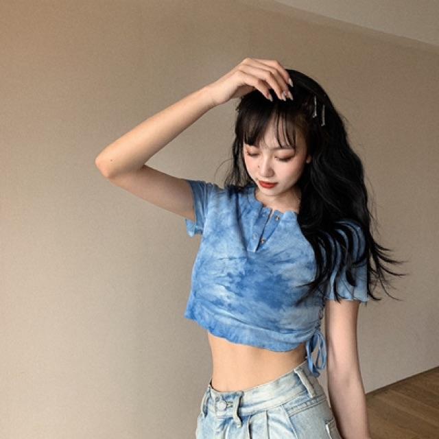 Áo croptop thun gân dây rút màu tie dye cá tính