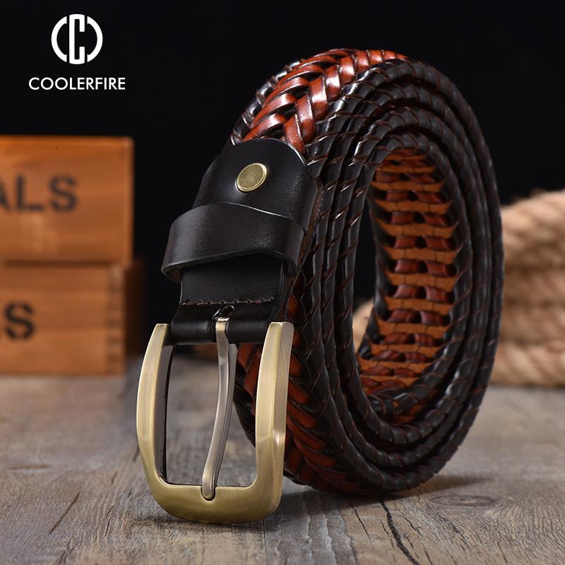 Nam Da Thật Chính Hãng Da Bện Dây Webbing Chất Lượng Cao Tay Vintage Thắt Lưng Nam Vàng Khóa Gài Cổ Cho Quần Jean Dây Đeo HQ212