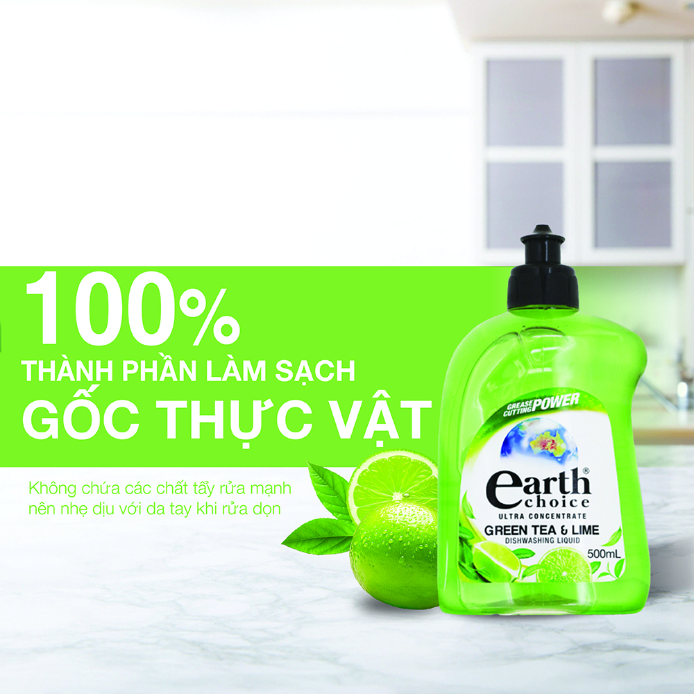 Nước rửa chén đậm đặc Earth Choice hương chanh trà xanh 500ml